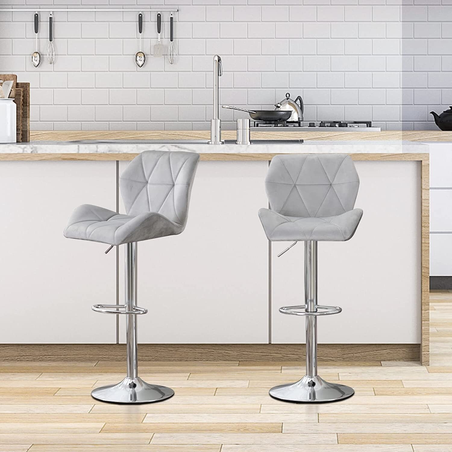 Velvet Armless Bar Stools Set of 2， Swivel Counter Stools Height Adjustable， with Diamond Padded， Light Grey