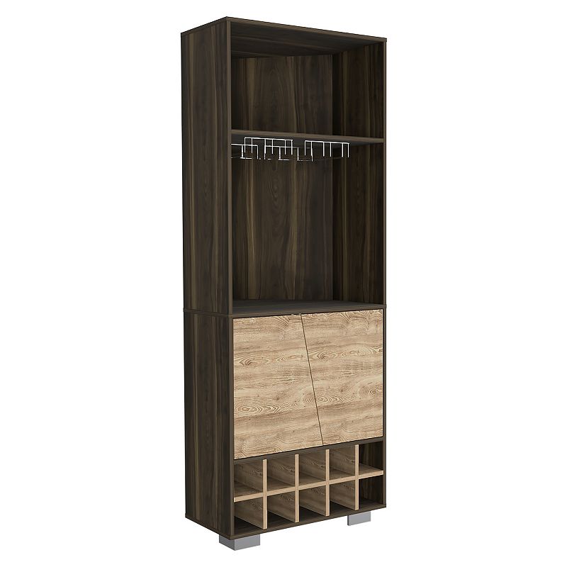 DEPOT E-SHOP Nassau Corner Bar Double Door Cabinet， Ten Built-in Wine Rack， Two Shelves， One Interior Shelf， Dark Oak / Pine