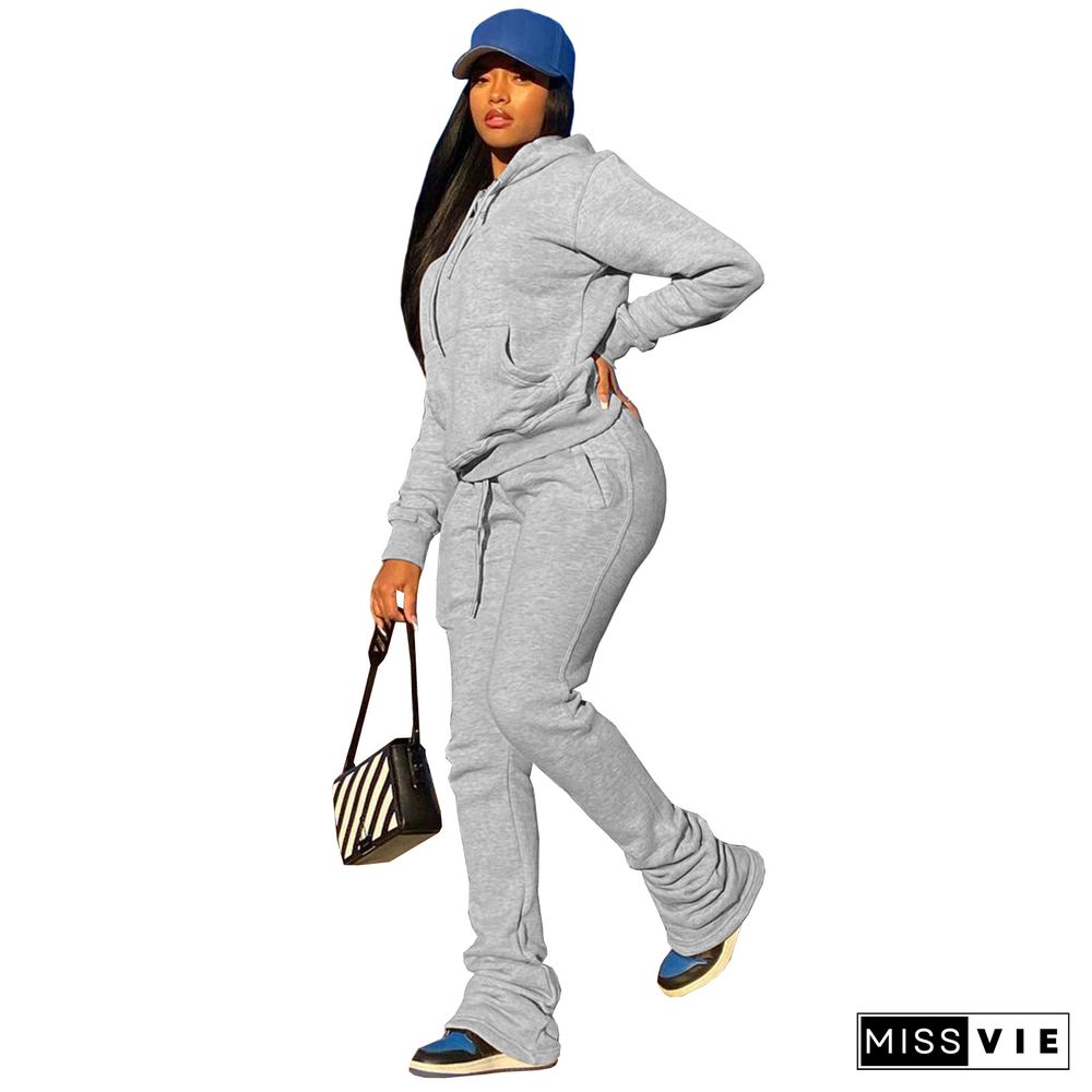 Hooded Sweatshirt Drawstring Stacked Pants Set