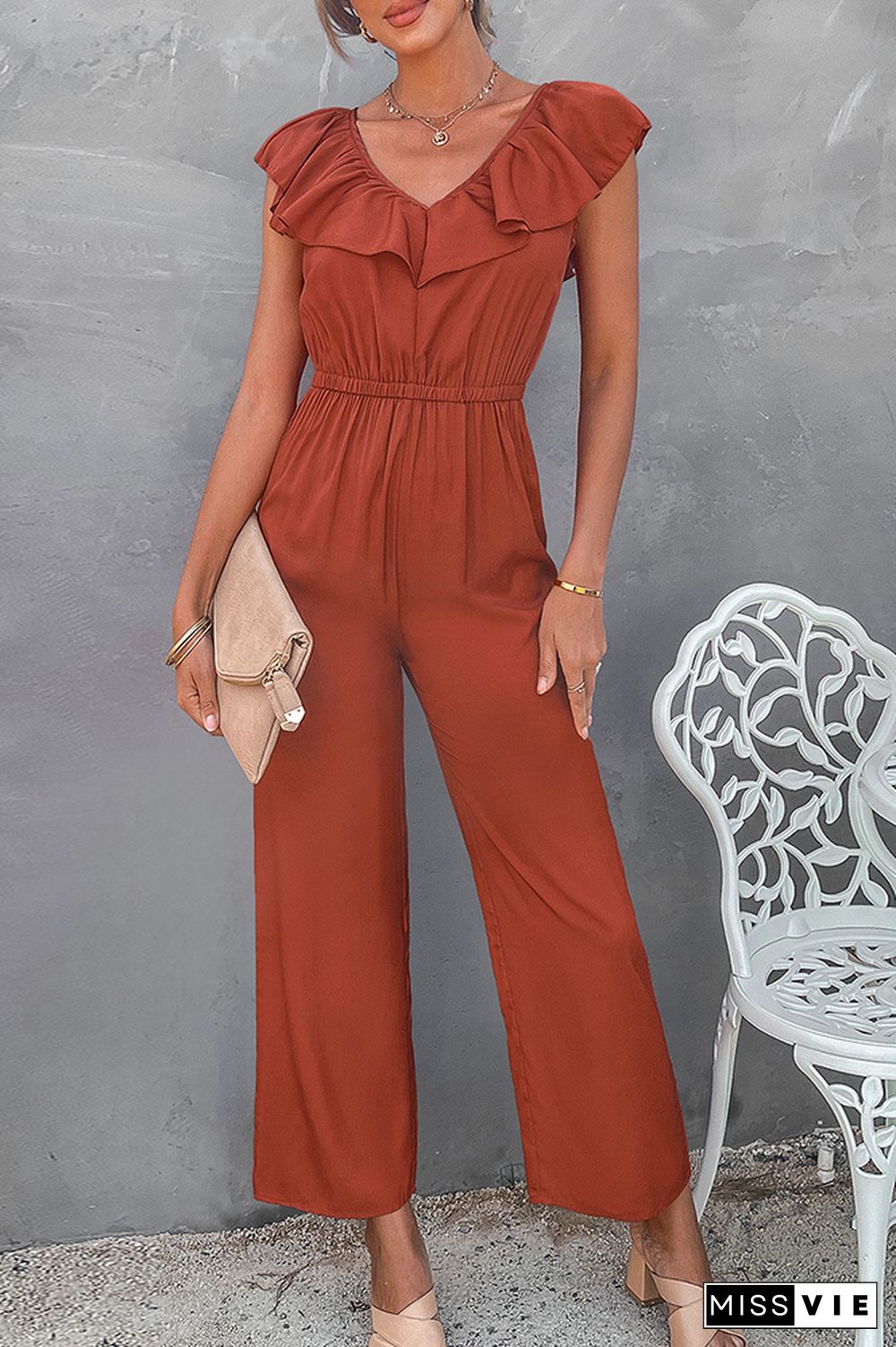 Ruffle V-neck Sleeveless Waisted Jumpsuit Wholesale