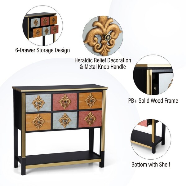 6-Drawer Royal Flower Console Table with Bottom Shelf