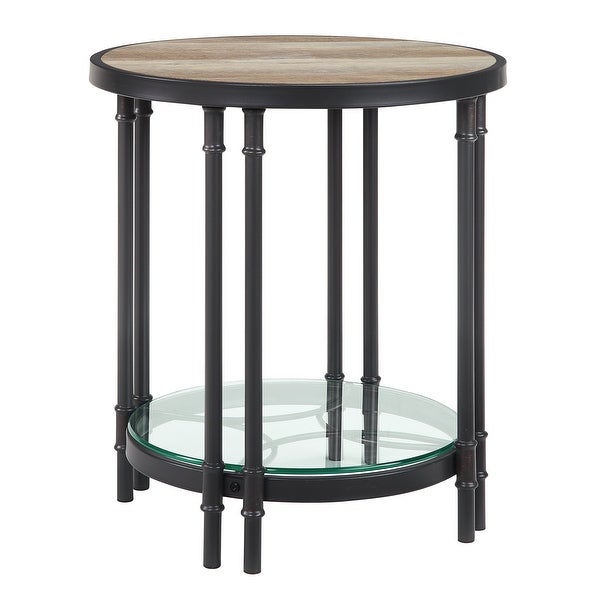 Brantley Metal Round End Table with Glass Open Storage Shelf in Oak and Sandy Black Finish