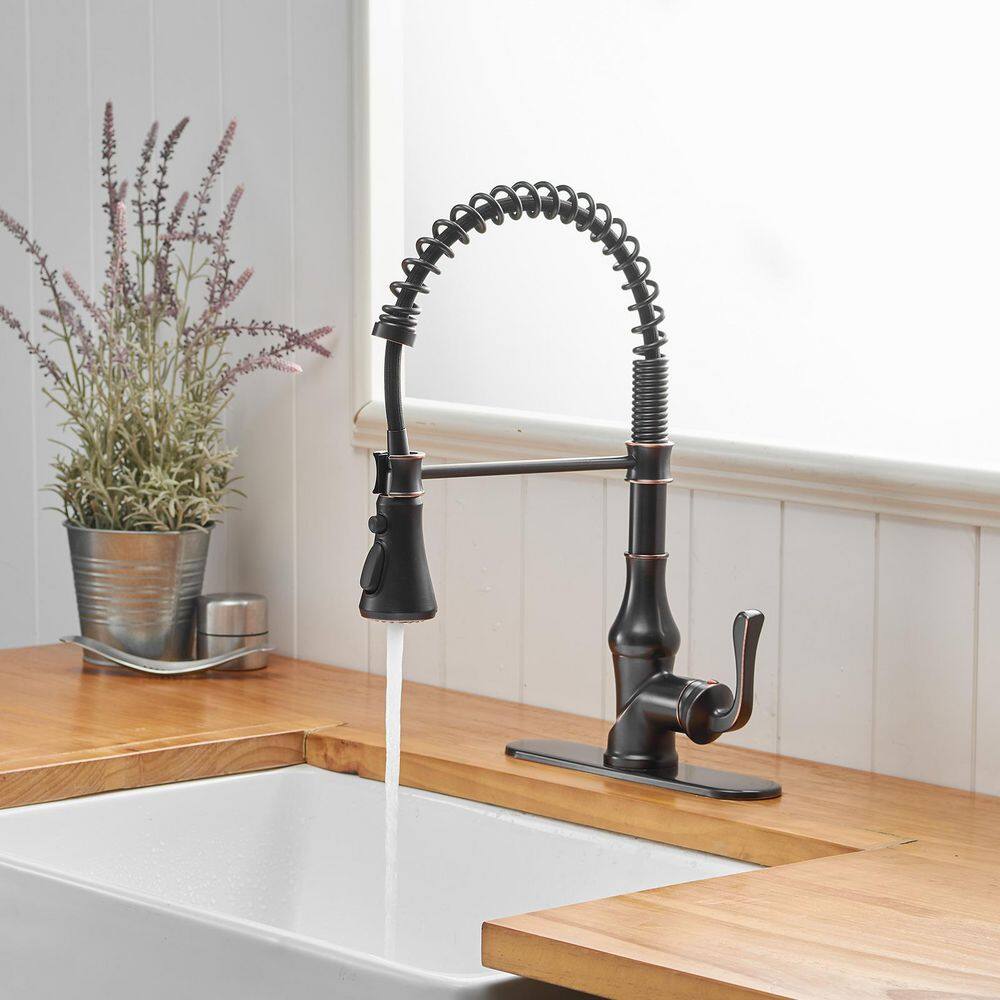 BWE Single-Handle Pull-Down Sprayer 3 Spray High Arc Kitchen Faucet With Deck Plate in Oil Rubbed Bronze A-94555-ORB