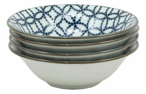 1 Blue Geometric Circles Ceramic Bowls Set of 4 Rice Meal Soup Dine EBR02