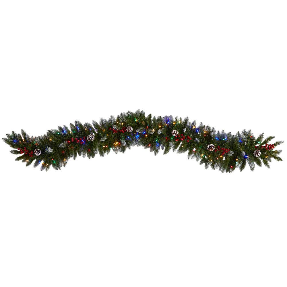 6 ft. Pre-Lit LED Snow Tipped Extra-Wide Artificial Christmas Garland with Pinecones Berries and 100 Multi-Color Lights W1303