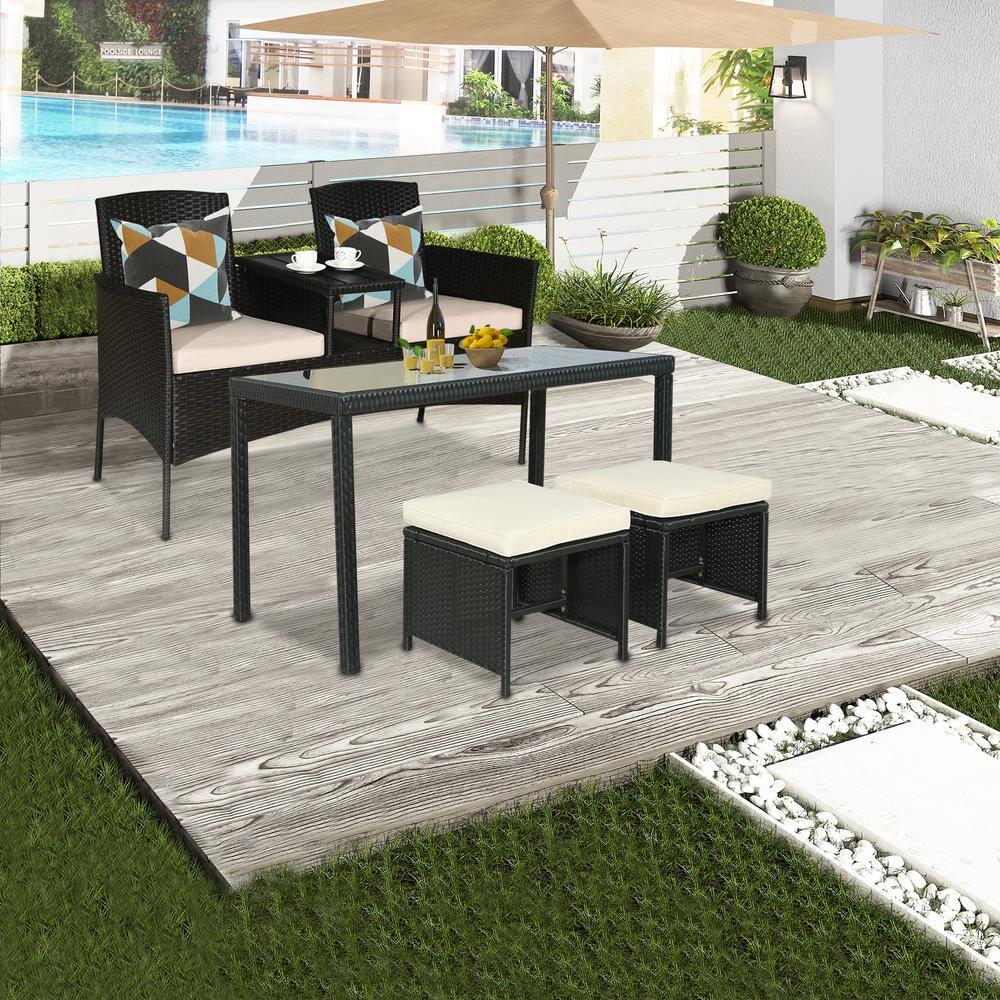 WELLFOR 1Piece Wicker Outdoor Loveseat with Beige Cushions and BuiltIn Table