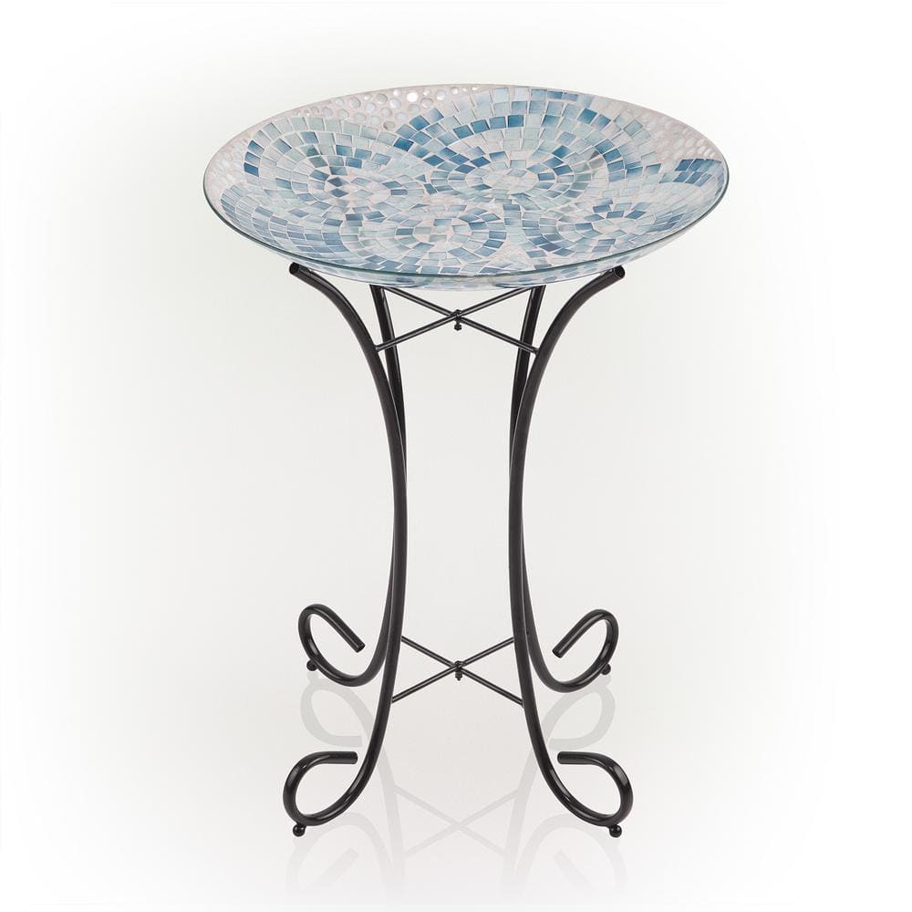 Alpine Corporation 24 in. Tall Outdoor Mosaic Style Glass Birdbath Bowl with Metal Stand, Blue HMD102A