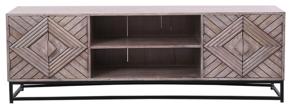 Dunkeld Rustic Solid Wood 4 Doors Iron Base Large TV Bench Cabinet   Industrial   Entertainment Centers And Tv Stands   by Sierra Living Concepts Inc  Houzz