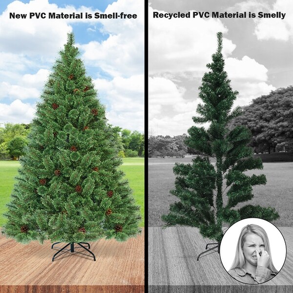 Costway 6Ft PreLit PVC Artificial Carolina Pine Tree Flocked Cones