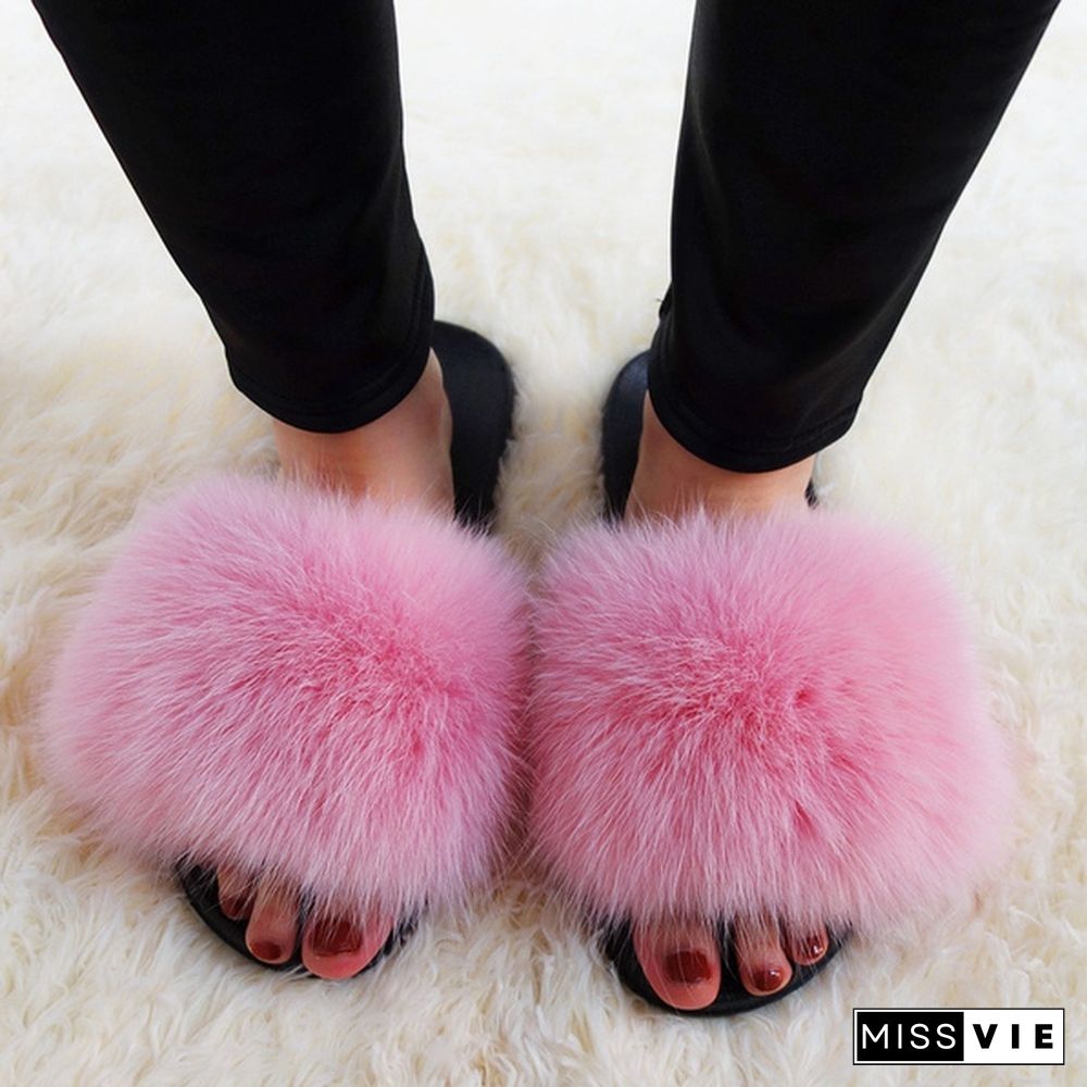 Women New Fashion Fluffy Faux Fur Slippers Sandals Indoor Outdoor Plush Slides Home Flat Shoes