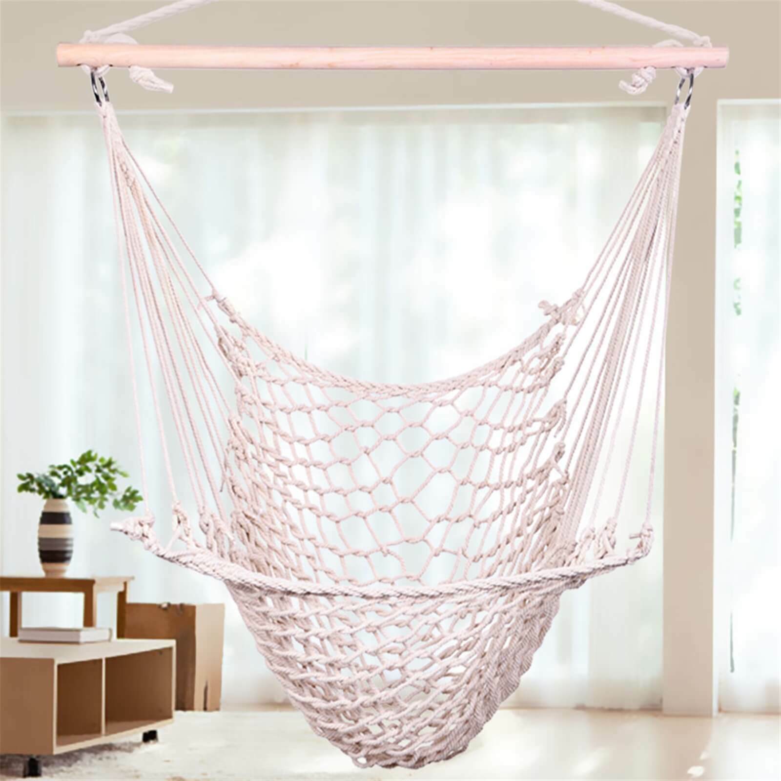 Indoor Outdoor Handmade Hanging Cotton Rope Hammock Lounge Swing Chair for Patio, Porch, Bedroom, Backyard - Beige