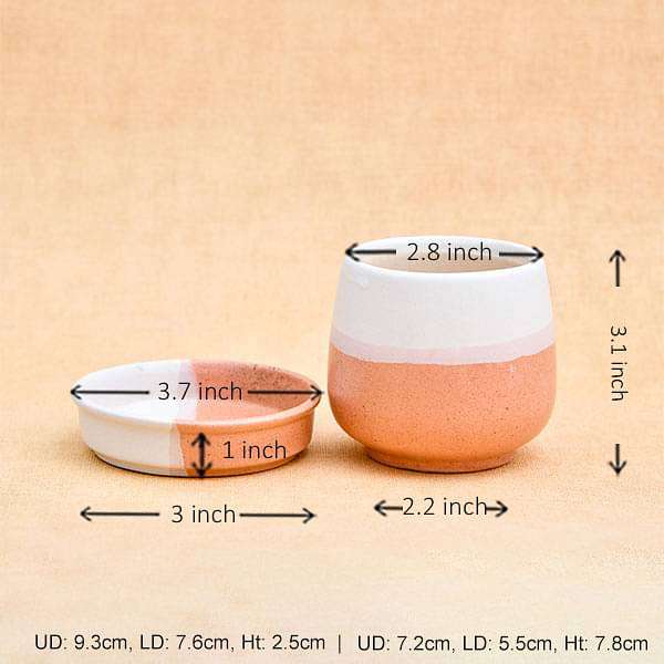 2.8 inch (7 cm) CP009 Jar Shape Round Ceramic Pot With Plate (White, Light Peach) (set of 2)