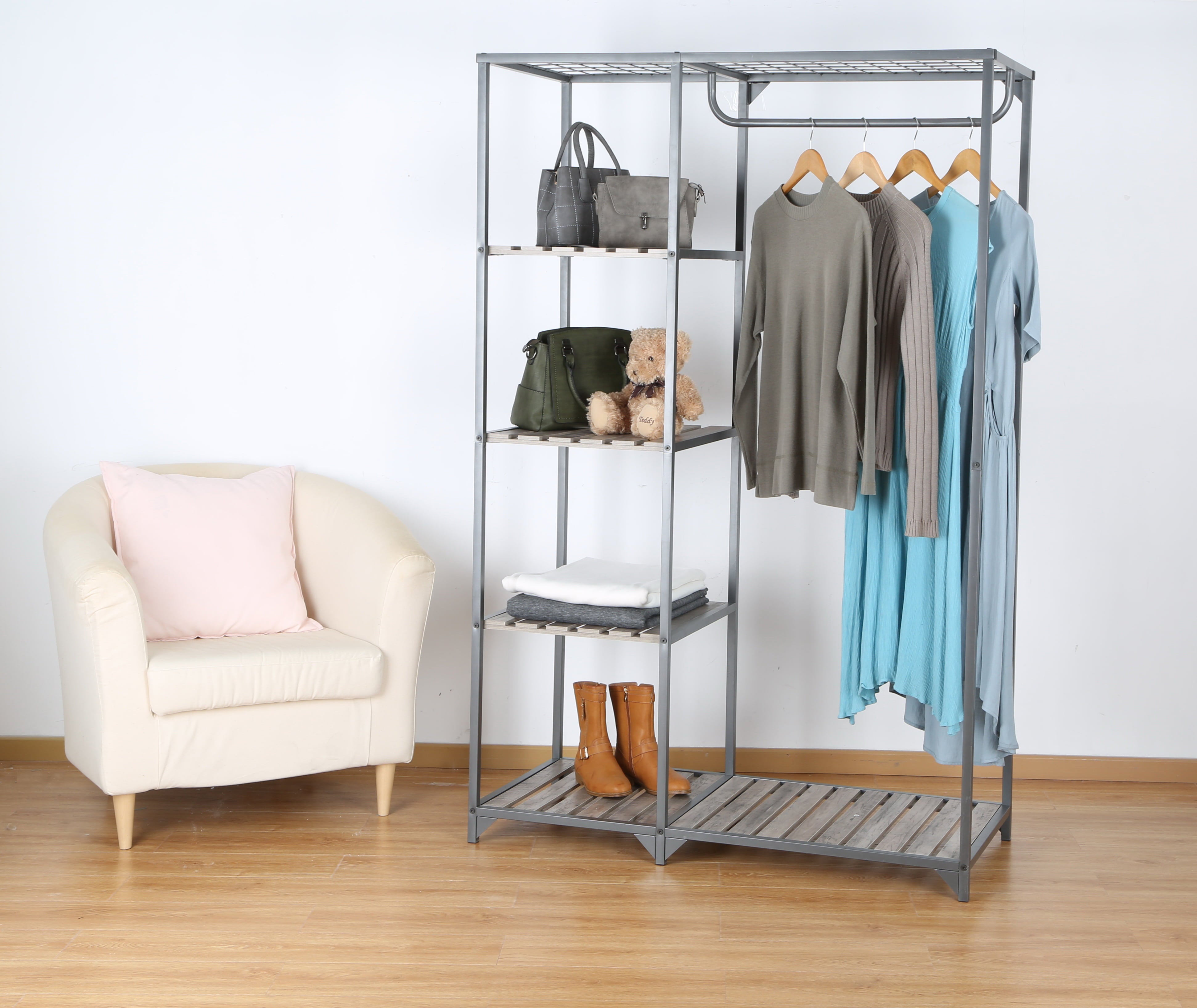 Better Homes & Gardens Farmhouse Gray Wood and Metal Garment Rack