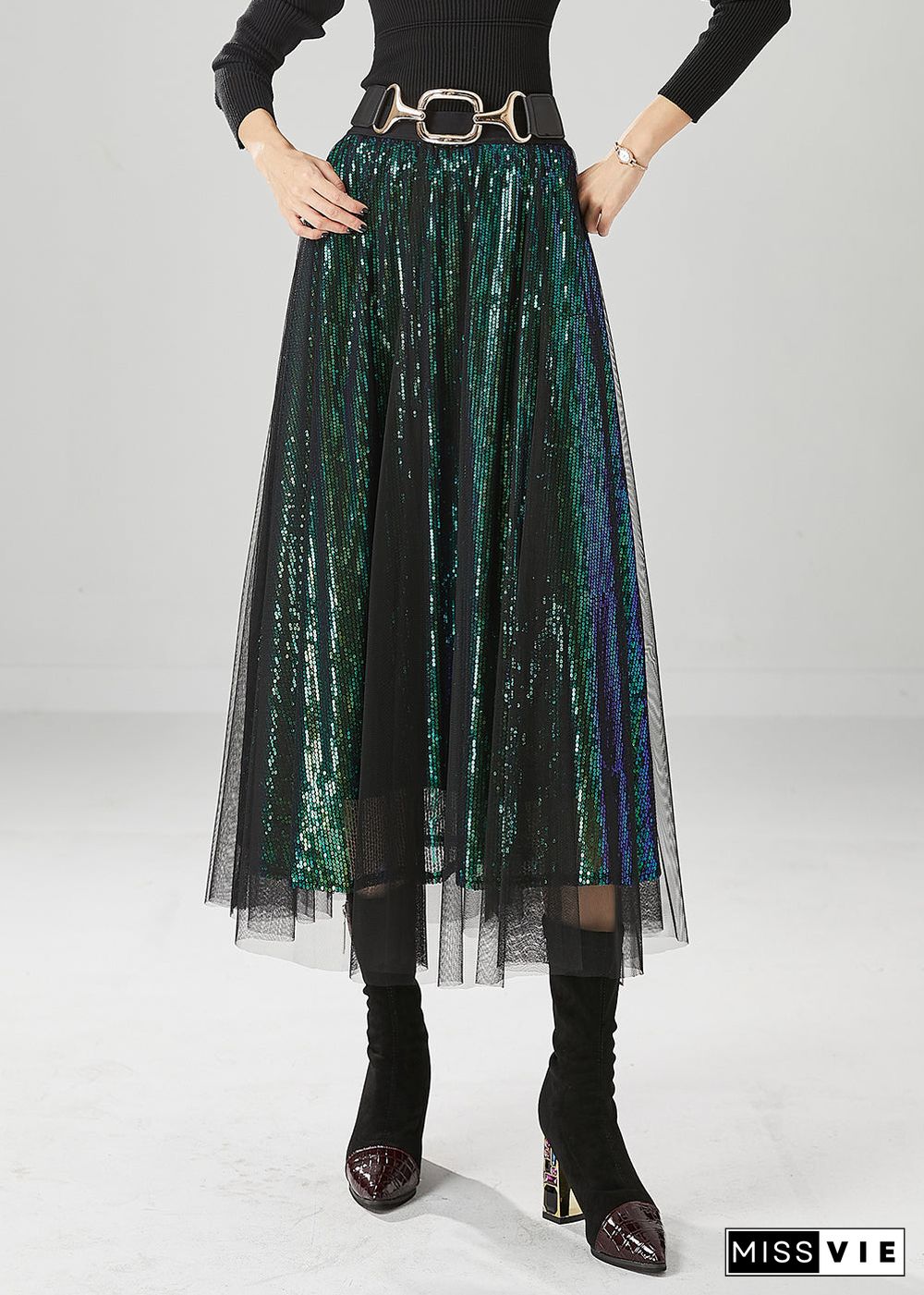 Peacock Green Silm Fit Tulle A Line Skirts Sequins Fall