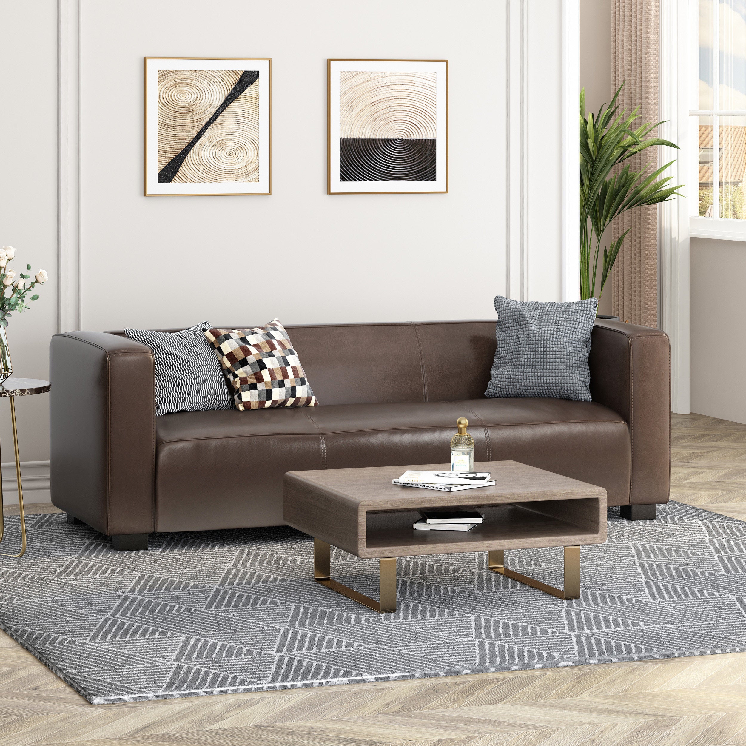 Minkler Contemporary Faux Leather 3 Seater Sofa