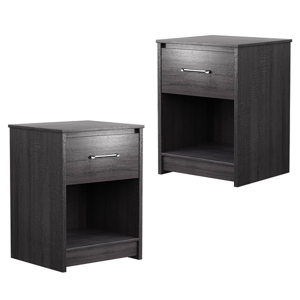 Gymax 2PCS Nightstand with Drawer Storage Shelf Wooden End Side Table