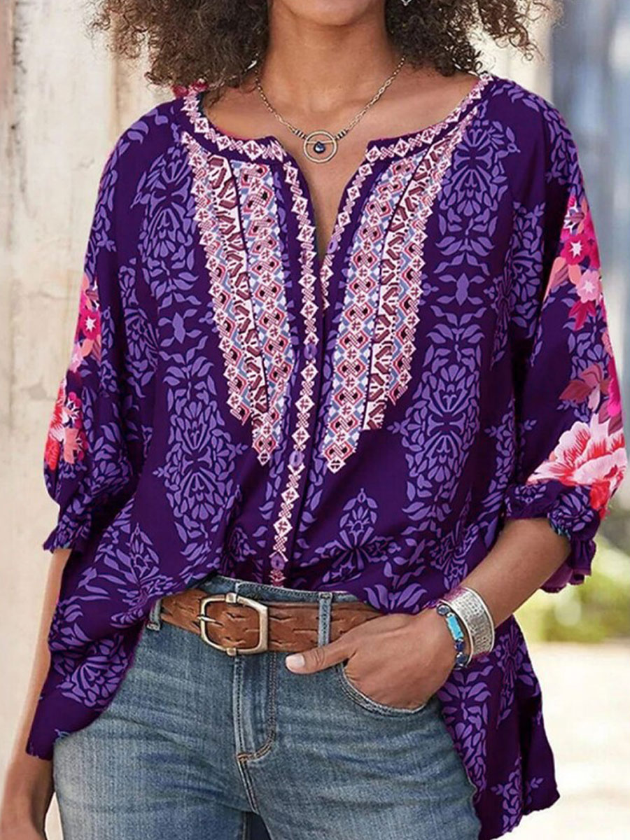 V-neck Casual Loose Vintage Print Long Sleeve Blouse