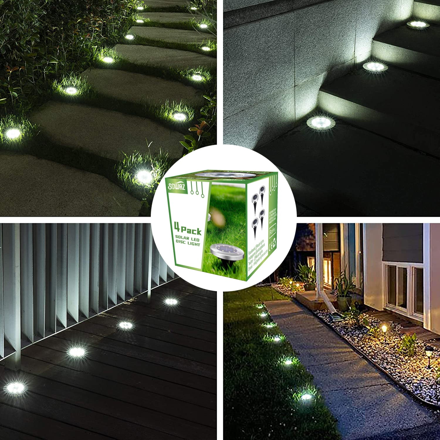 SOWAZ Solar Lights Outdoor, Solar Disk Lights 8 LED Waterproof Solar Garden Lights Outdoor for Patio Pathway Ground Lawn Yard Driveway Walkway - White (4 Pack)