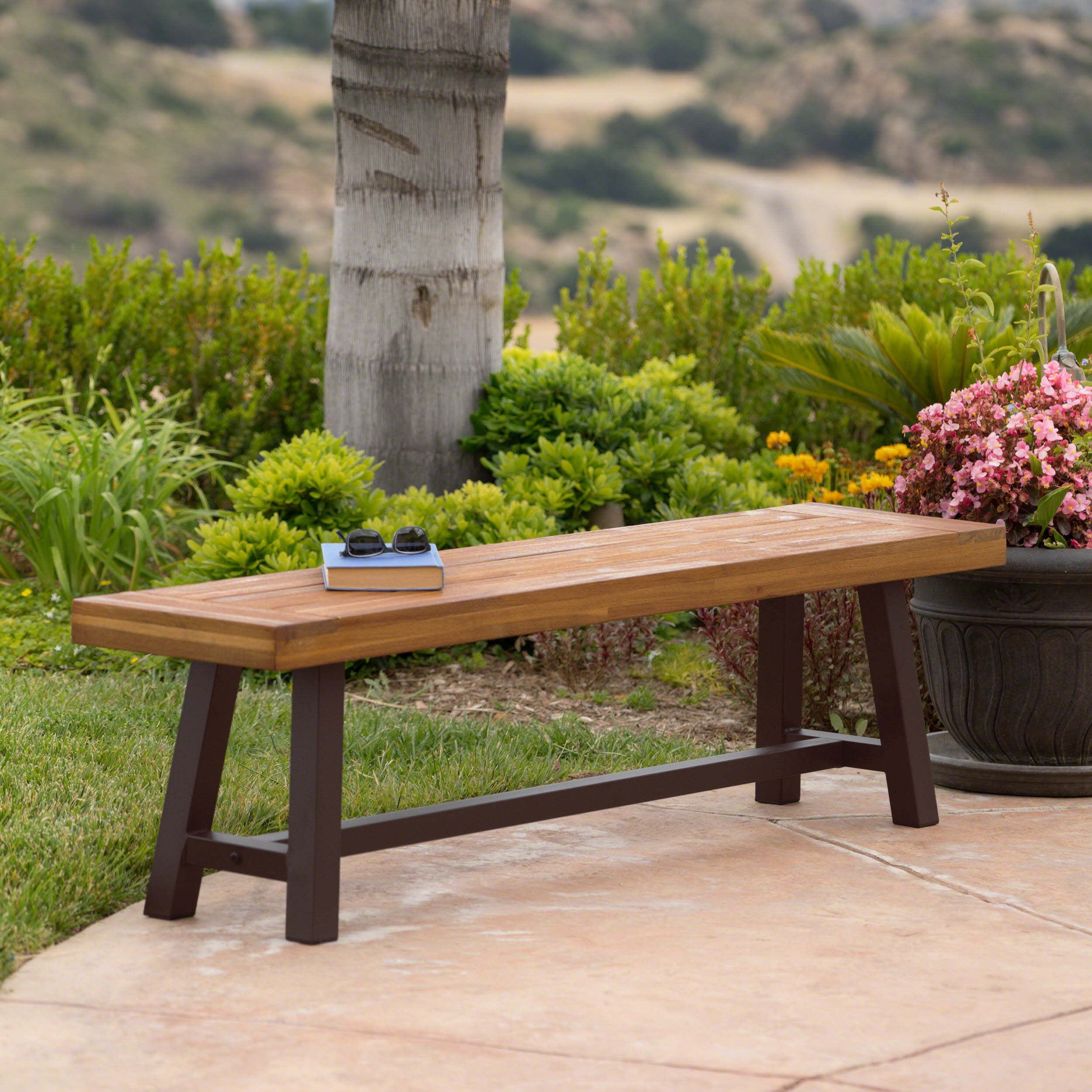 Bowman Outdoor Sandblack Finish Acacia Wood & Rustic Metal Bench