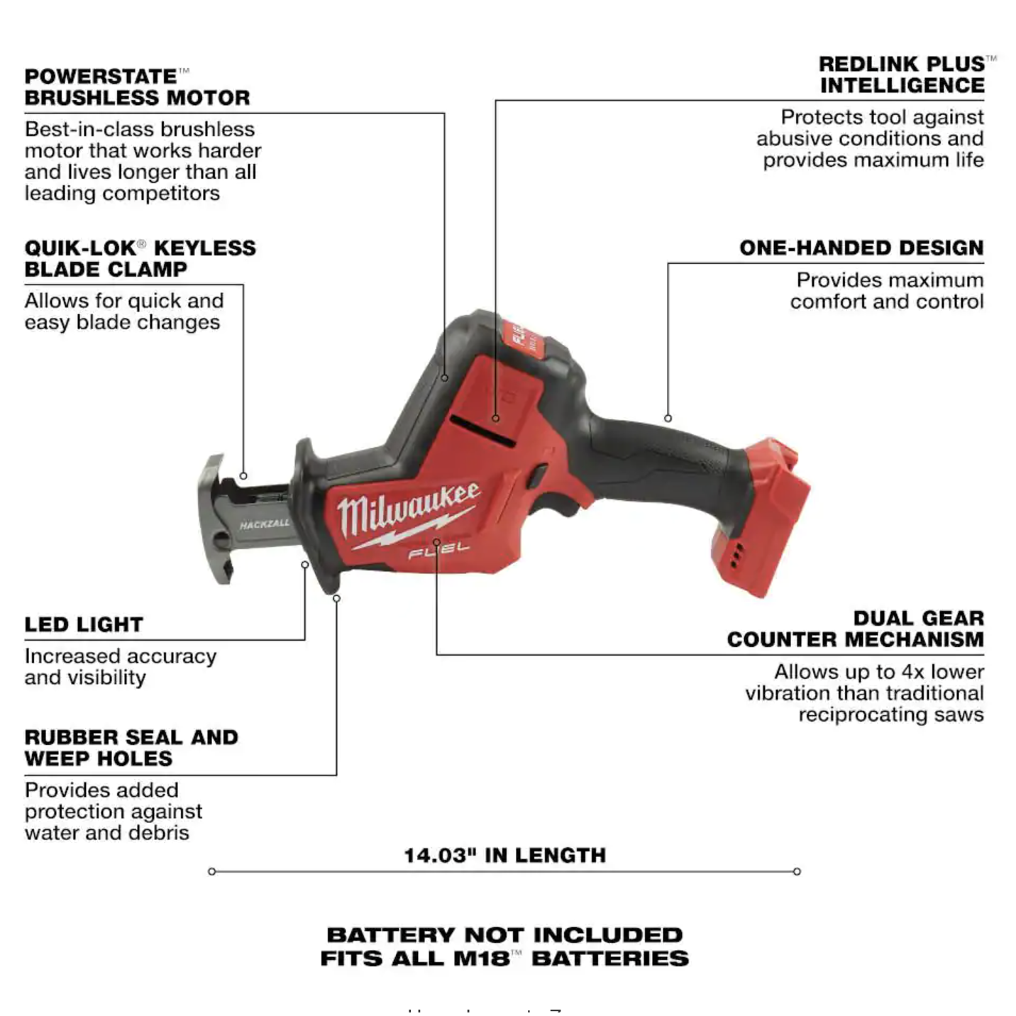 Milwaukee M18 FUEL 18V Lithium-Ion Brushless Cordless Hackzall Reciprocating Saw， Tool-Only (2719-20)