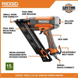 RIDGID Pneumatic 15-Gauge 2-12 in. Angled Finish Nailer with CLEAN DRIVE Technology Tool Bag and Sample Nails R250AFF