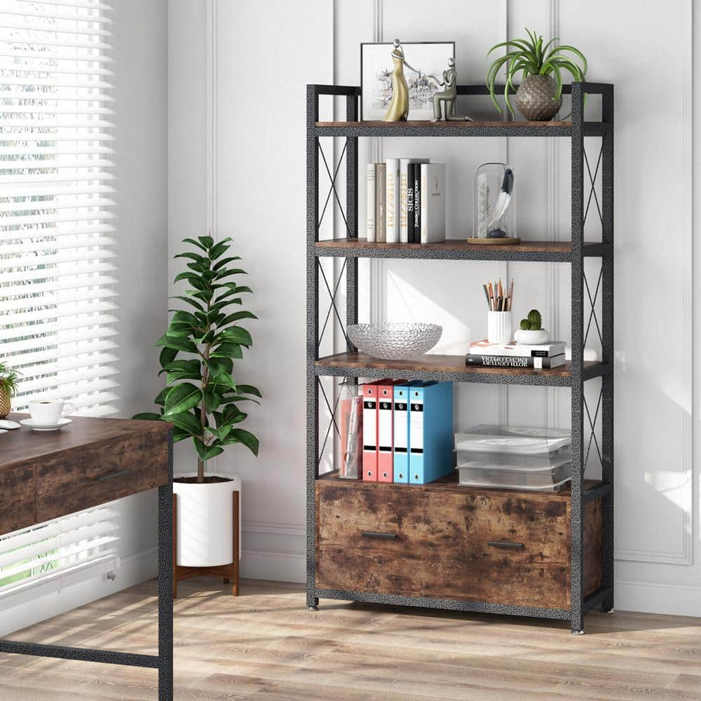 BYBLIGHT Atencio Rustic Brown File Cabinet with Drawer and Open Storage Shelves Bookcase for Letter SizeA4 Size Lateral BB-C0294DT