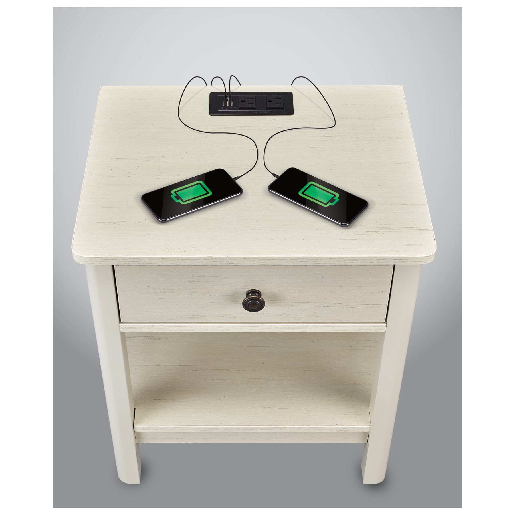 DecorTech Traditional Rectangular End Table with AC Power and USB Charging Ports， White