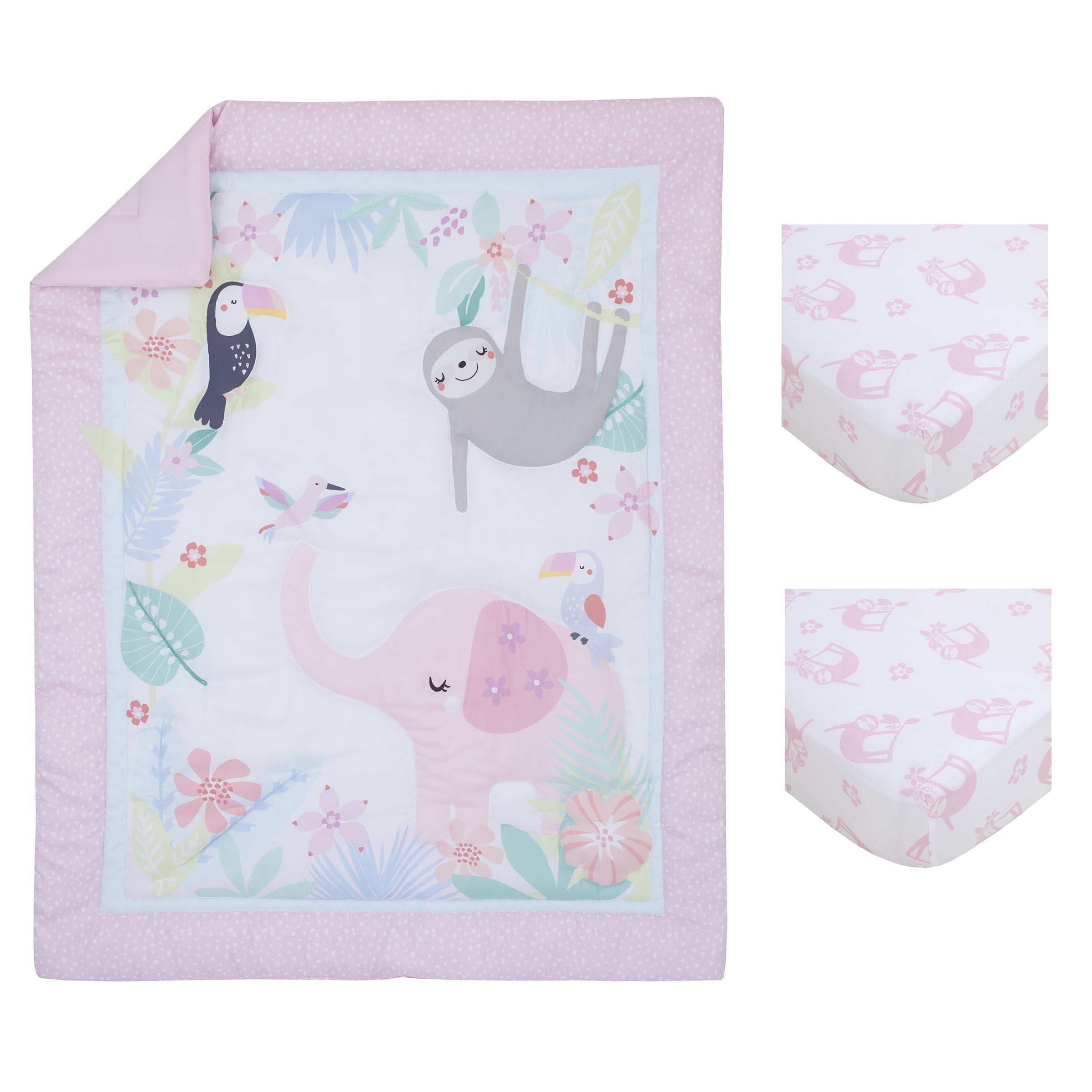 Little Love by NoJo Tropical Garden 3-Pc Mini Crib Bedding Set， Pink Jungle Animals