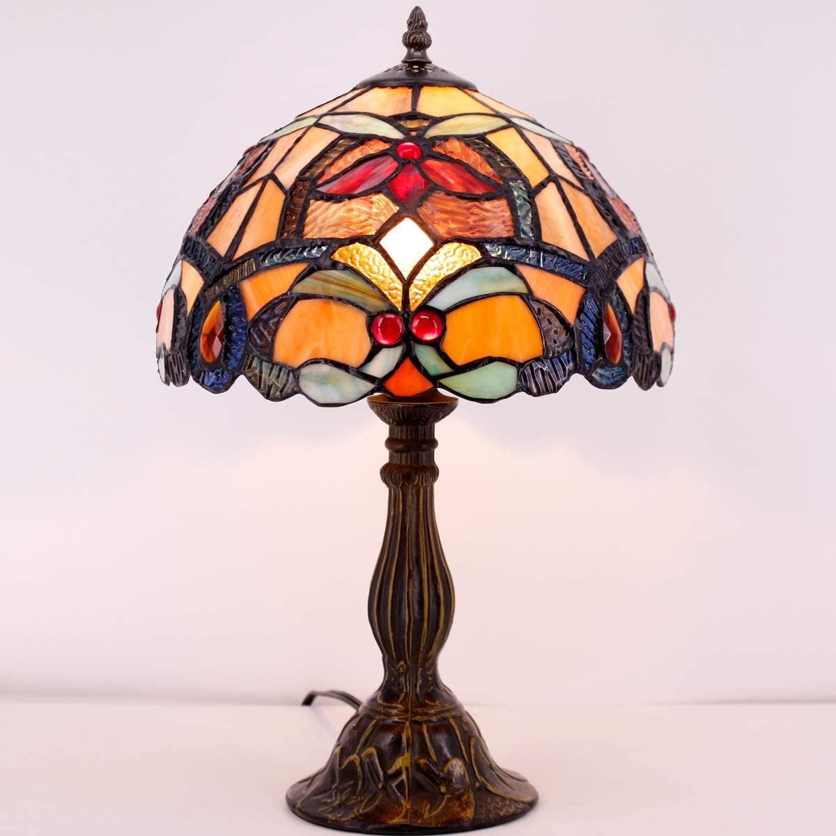 SHADY  Table Lamp Orange Stained Glass Flower Liaison Style Reading Desk Bedside Light 12X12X18 Inches Decor Bedroom Living Room Home Office S617 Series