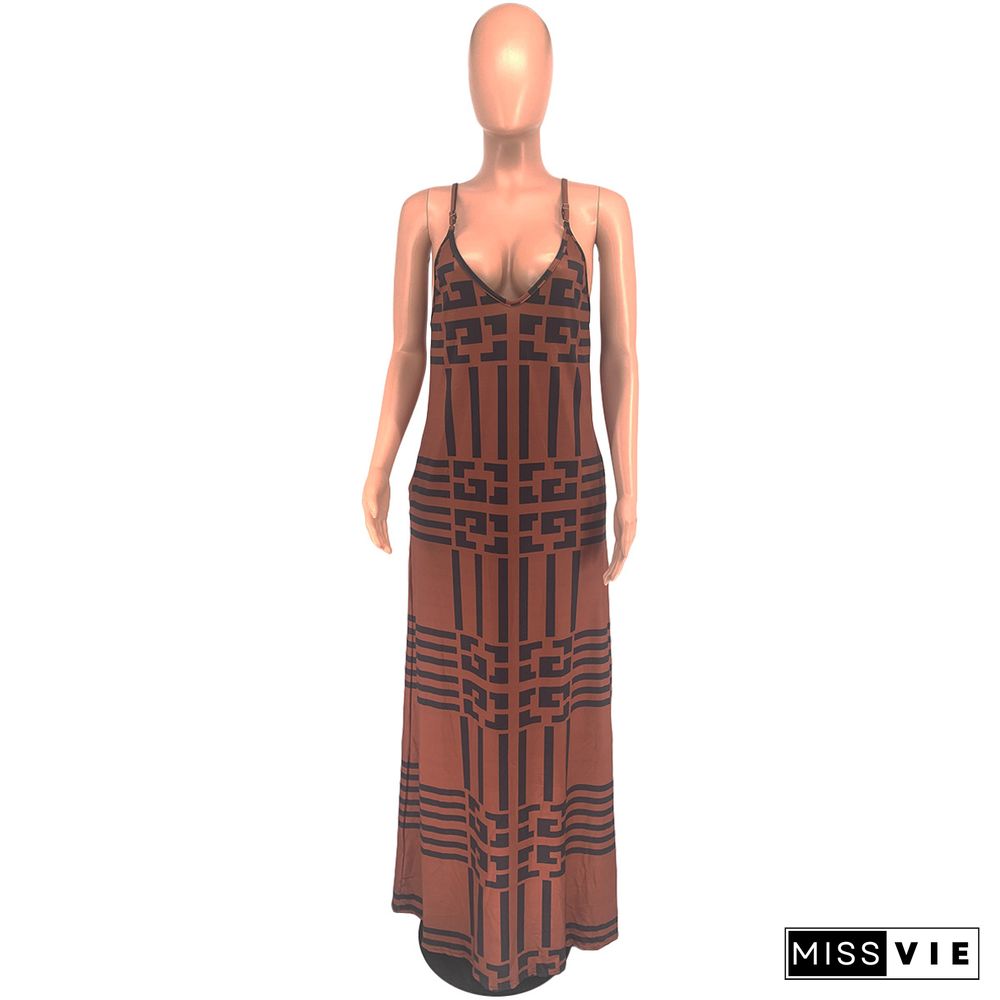 Print Spaghetti Strap Loose Maxi Dress