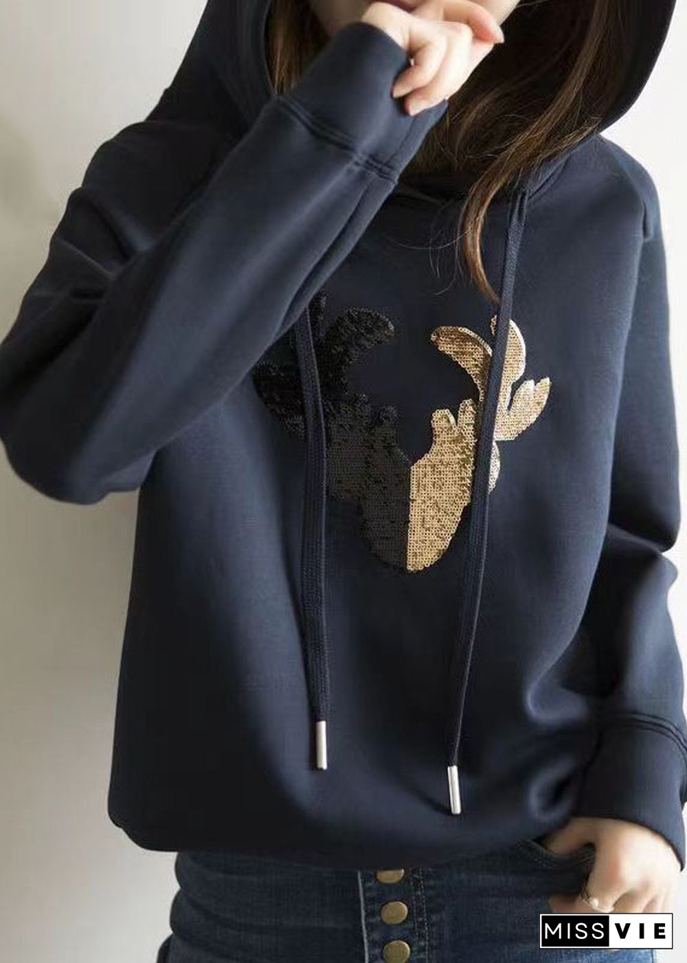 French Navy Hooded Sequins Patchwork Cotton Sweatshirt Fall