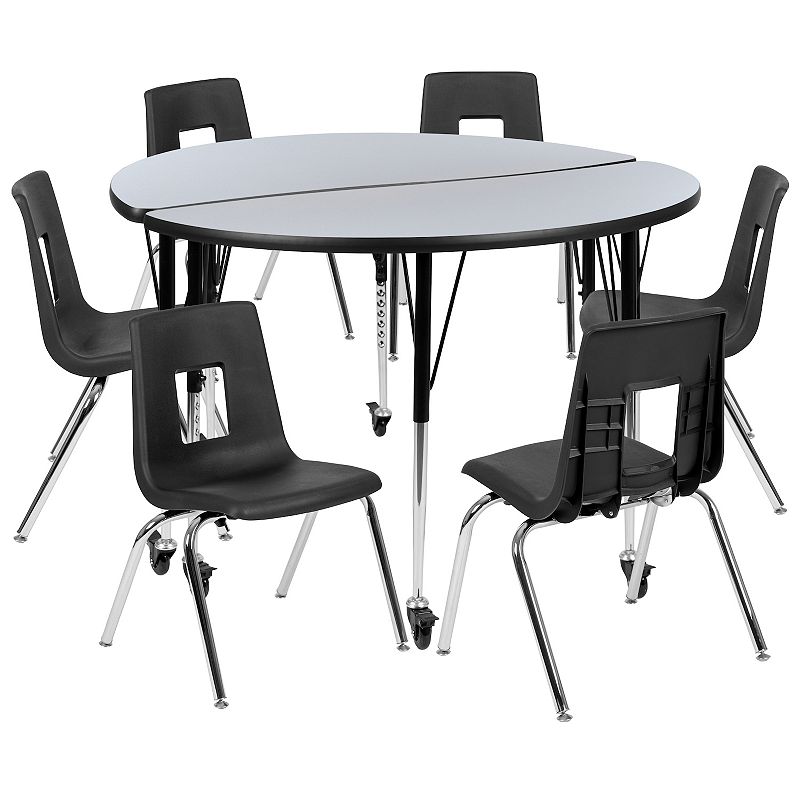 Emma and Oliver Mobile 47.5 Circle Wave Activity Table Set-18 Student Stack Chairs， Grey/Black