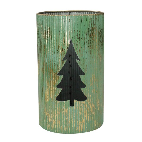 Set of 2 Rustic Green and Gold Christmas Tree Tabletop Lanterns 12