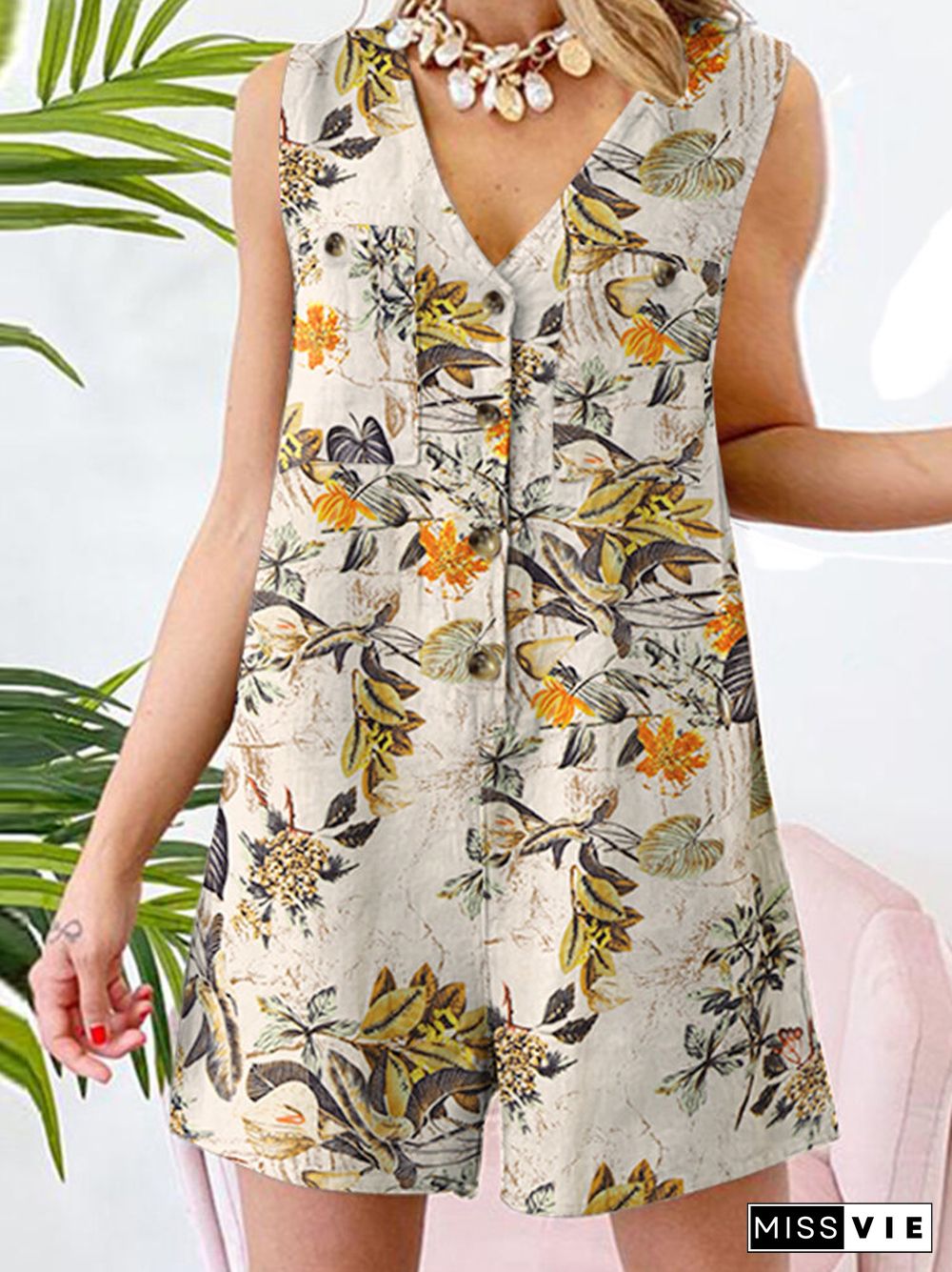 Plant Print Pocket Button Sleeveless V Neck Casual Cotton Romper