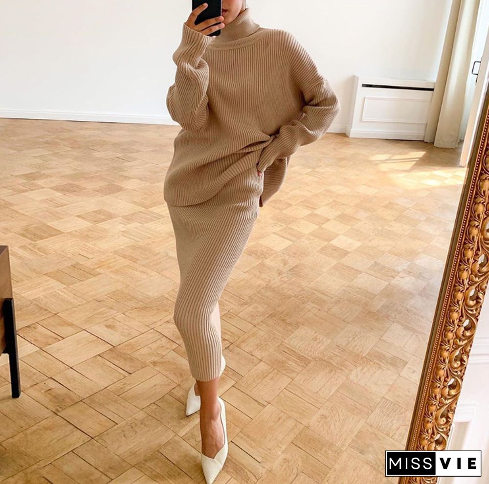 Casual Turtleneck Sweater Loose Version Skirt Suit