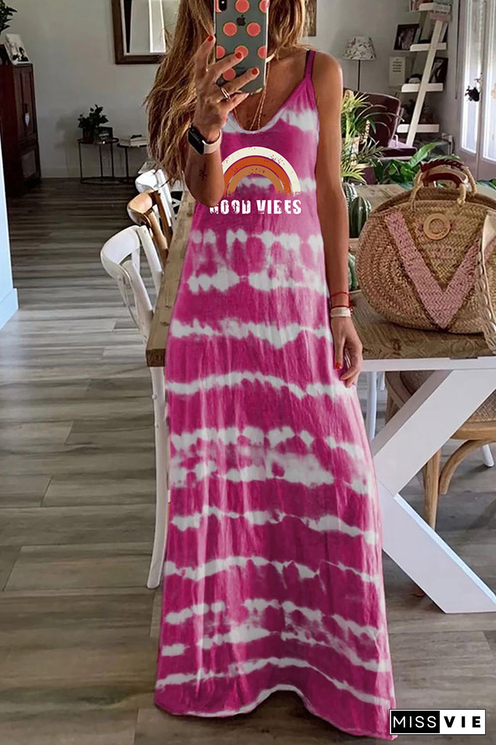 GOOD VIBES Rainbow Print Tie Dye Loose Sling Dress