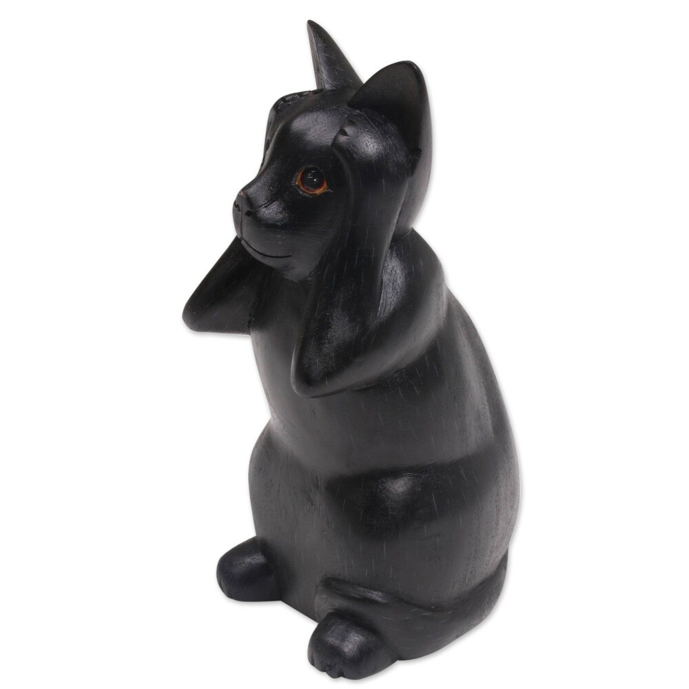 Novica Handmade Kitty Hears No Evil Wood Sculpture