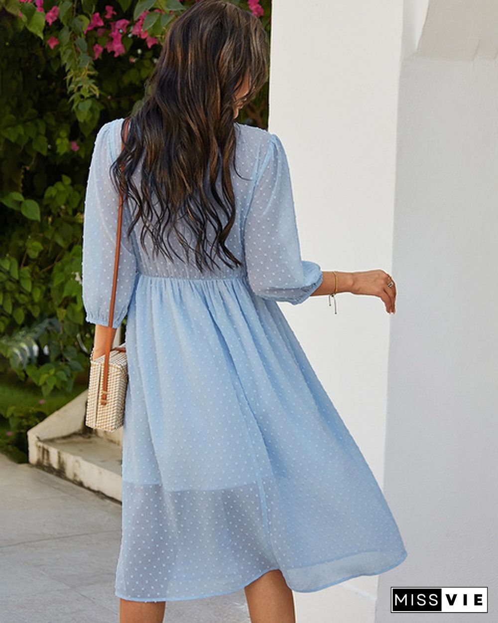 Spring and Summer Women Fashion Chiffon Dress V-neck Middle Sleeve Slim Waist Dress Long Skirt (5 Colors)