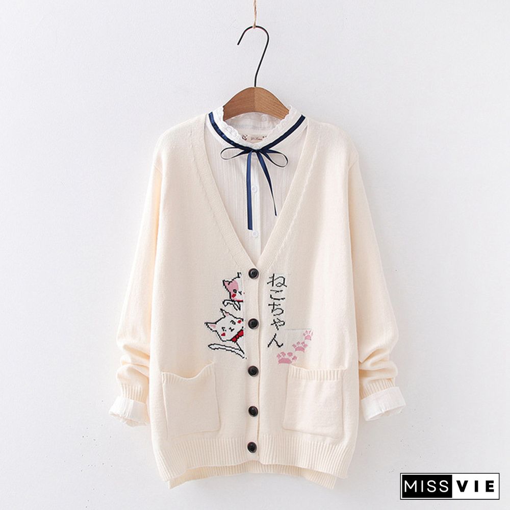 Cartoon Cat Print Cardigan Sweater Shirt Denim Pants Set