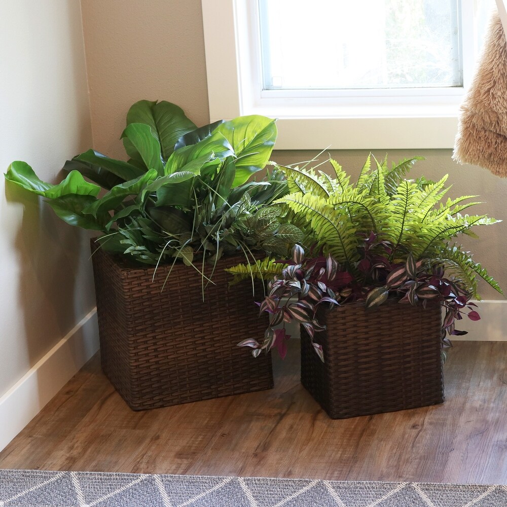 Sunnydaze Square Polyrattan Indoor Planters   1 Large/1 Small Planter