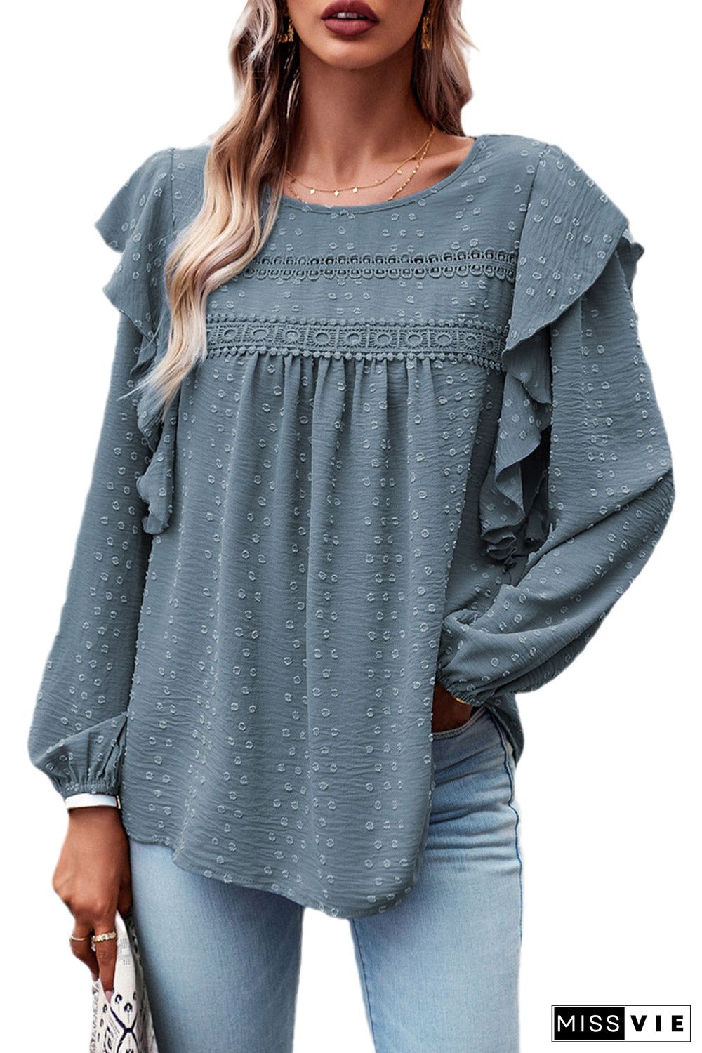 Lace Eyelet Ruffle Shoulder Long Sleeve Blouse