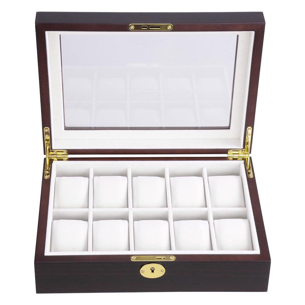 10-Slot Ebony Matte Finish Wood Watch Display Case