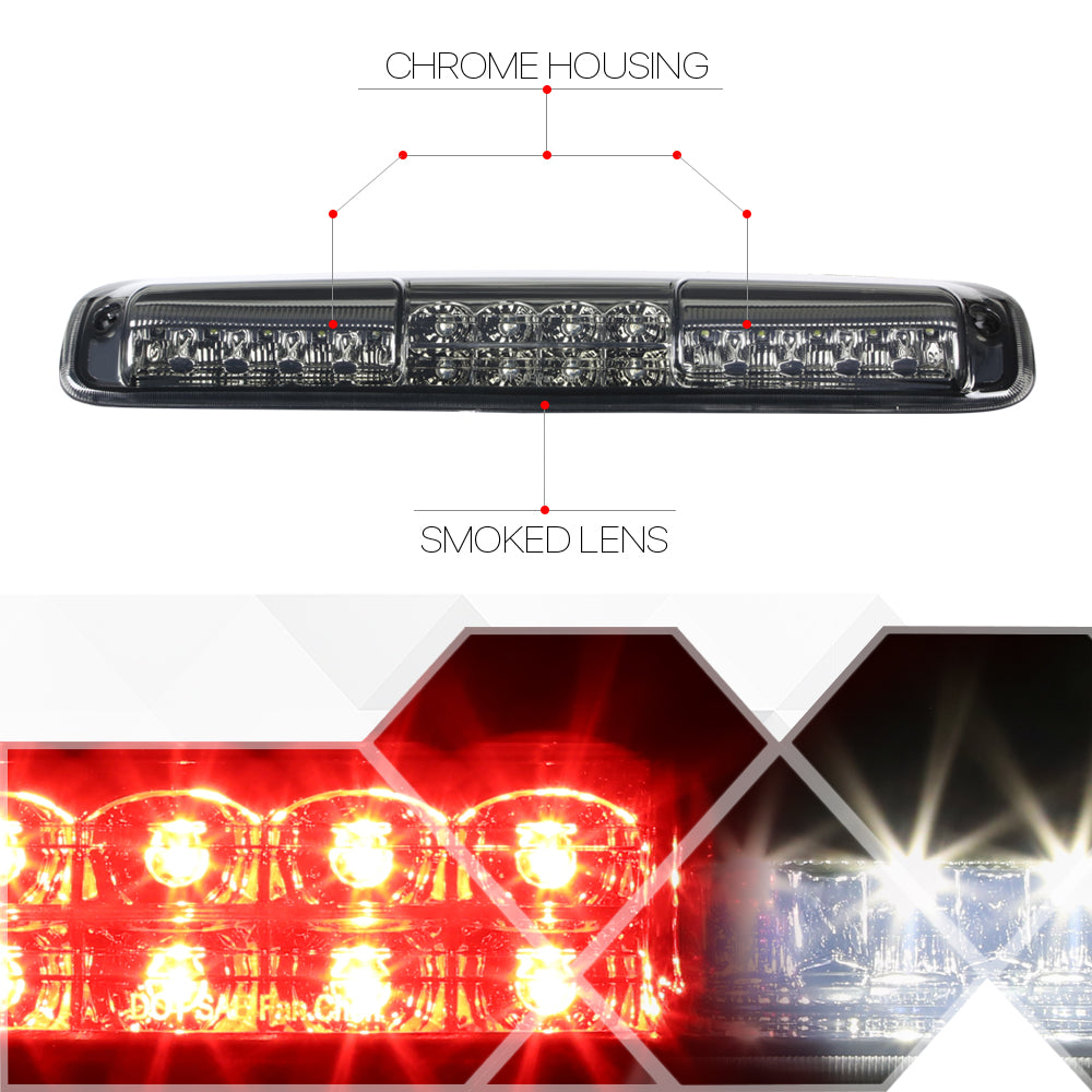 For 1999-2007 Chevy Silverado GMC Sierra 1500 2500 3500 Rear LED 3rd Third Brake Light Tail Stop Lamp Chrome Housing Smoked Lens 01 02 03 04 05 06