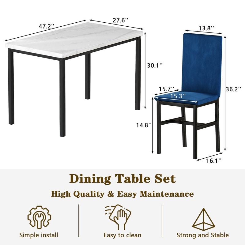 Grondin Modern Style Faux Marble Top 5 Piece Casual Dining Set with 4 Velvet Upholstered Dining Chairs