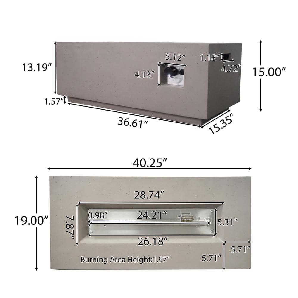 Noble House Zachary 40 in x 15 in Rectangular Concrete Propane Fire Pit in Light Gray with Tank Holder