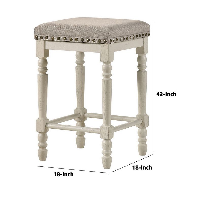 24 Inch Counter Height Stool， Luxe Nailhead Trim， Set of 2， Antique White