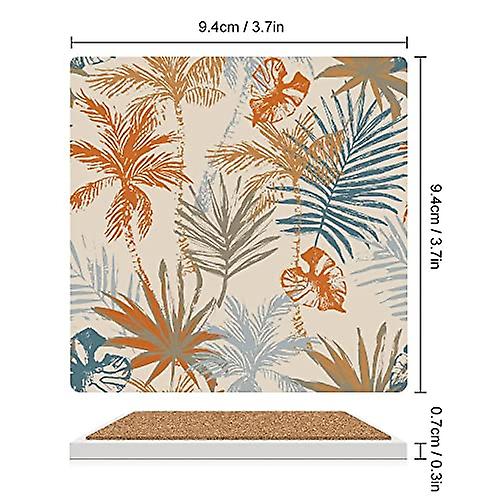 Colourlife Square Drink Coasters 6 Pcs Beautiful Abstract Tropics Leaves Absorbent Ceramic Coffee Coasters For Drinks With Cork Base Housewarming Gift