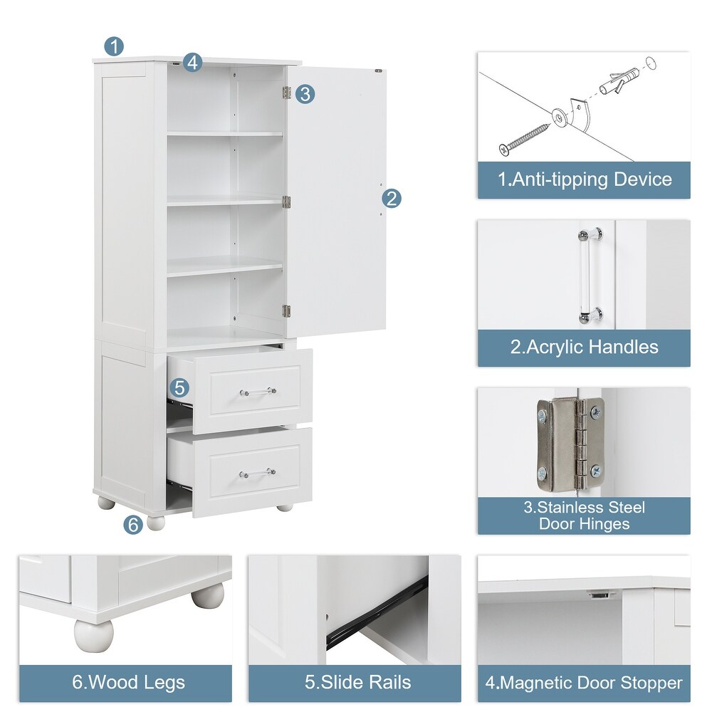 Tall Bathroom Cabinet with Acrylic Bar Handles  Freestanding Storage Organizer with Pull out Drawers and Adjustable Shelf