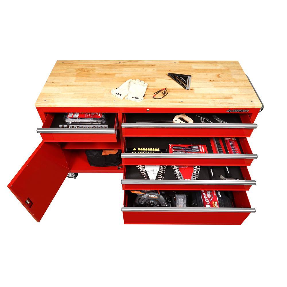 Husky 52 in. W x 25 in. D Standard Duty 9-Drawer Mobile Workbench Cabinet with Solid Wood Top in Gloss Red HOTC5209B22M