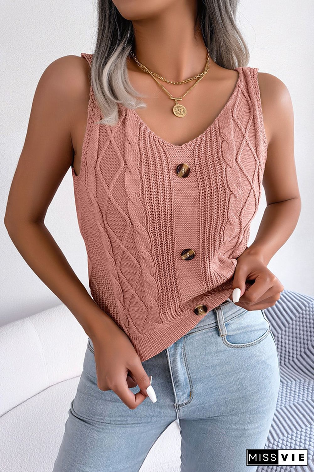 Cable Knitting Button Tank Top